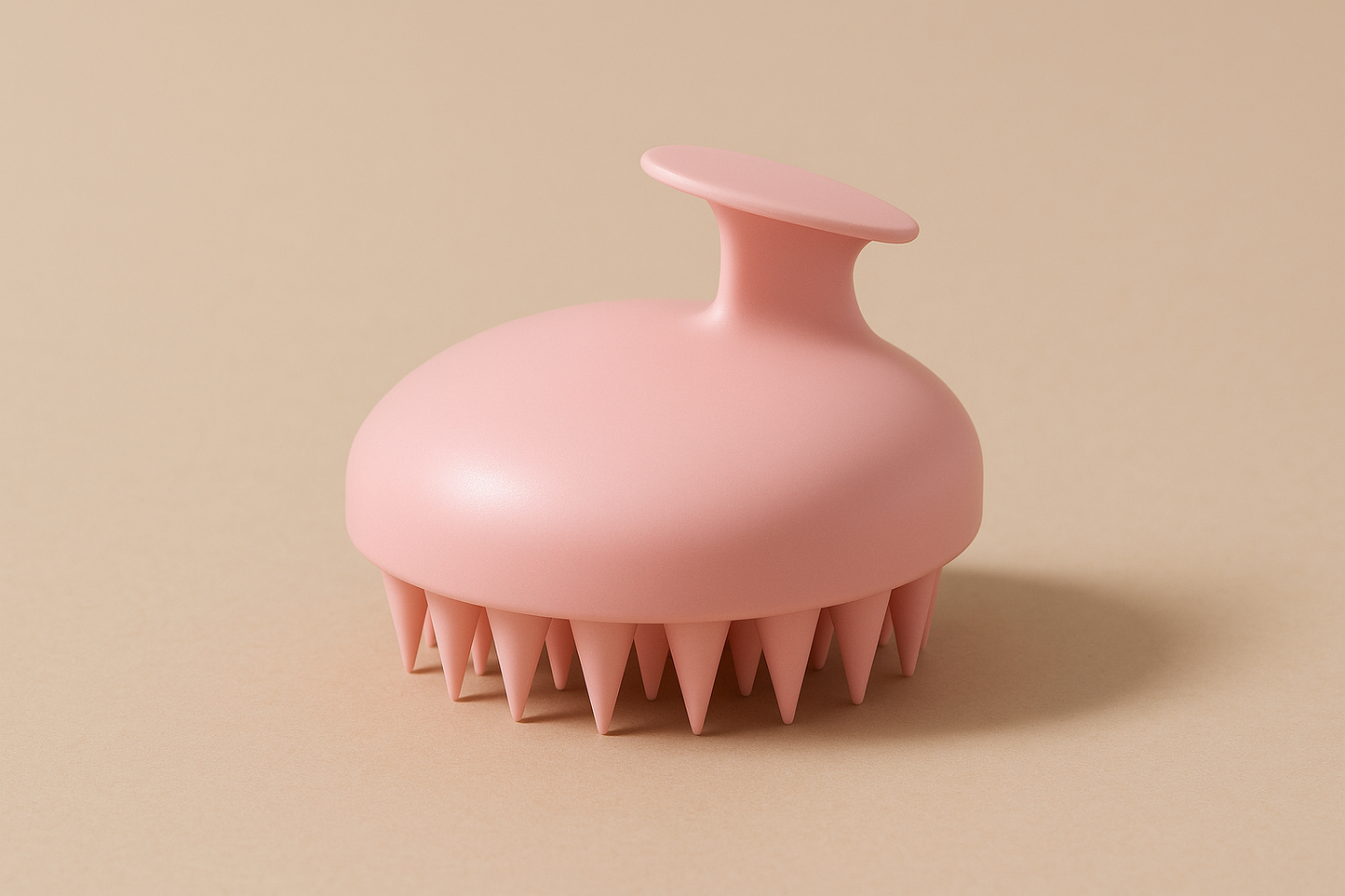 génère une image d'une brosse de massage pour cuir chevelu rose je veux que le fond de l'image soit beige